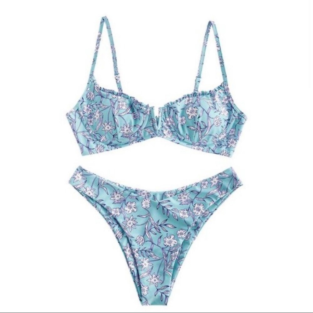 ZAFUL Women's Floral V-Wired Underwire High Leg Two Piece
Bikini Set Swimsuit